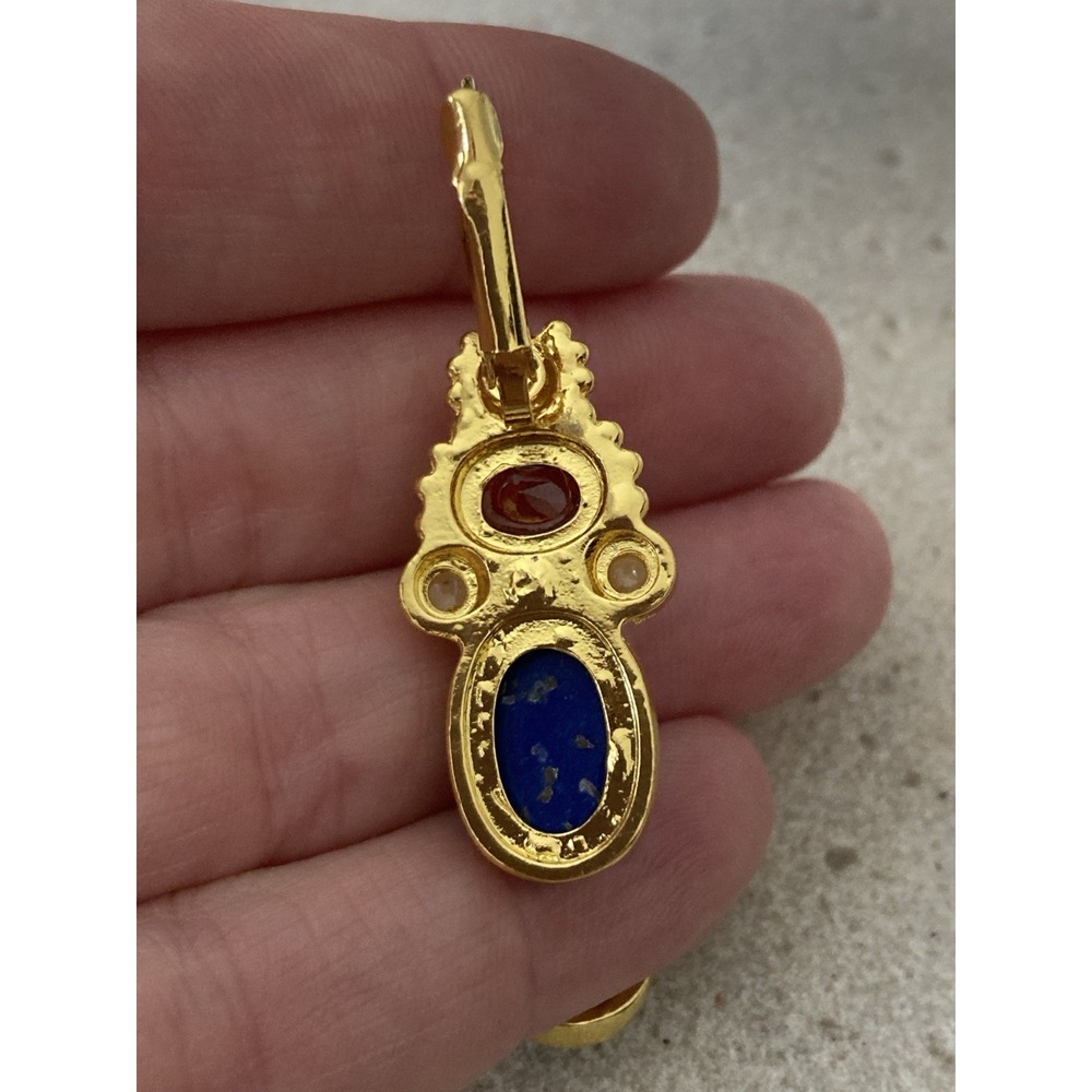 Gold Tone Cobalt Blue Dangle Earrings Cabochon Red Faux Pearl Leverback - Picture 6 of 6
